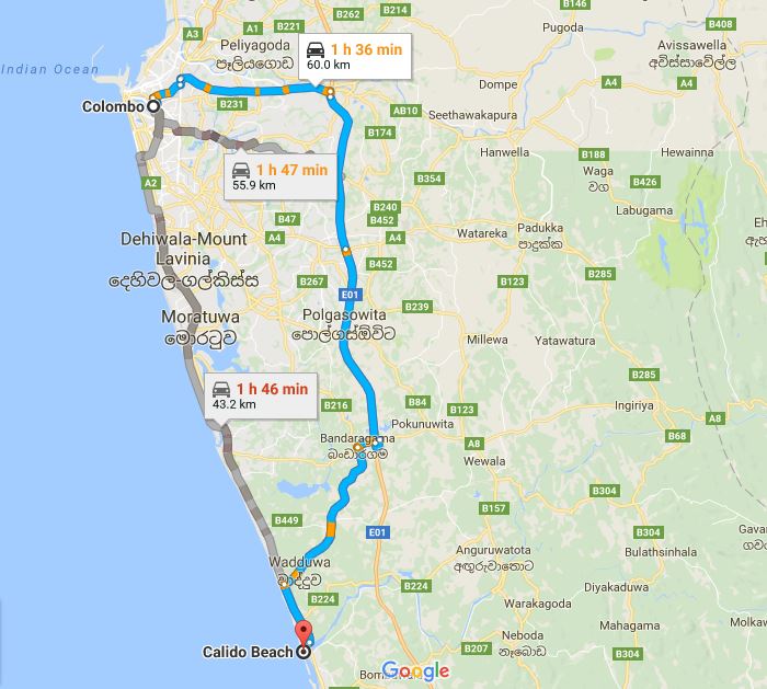 colombo to calido beach route